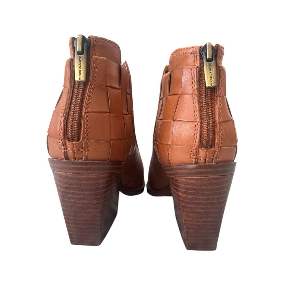 Vince Camuto Gemmlee Leather Ankle Booties Woven Heel Block Heel Cognac 9M - Picture 4 of 8